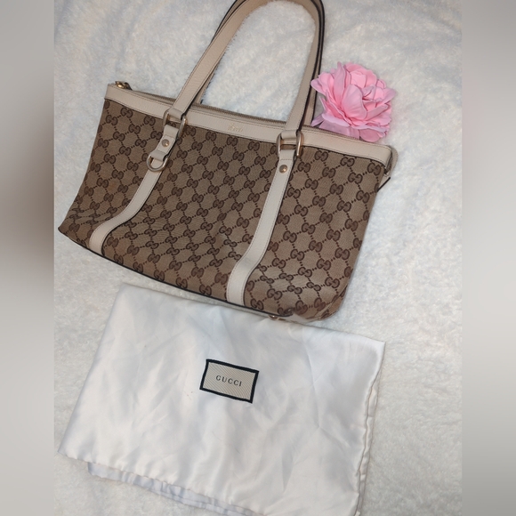 Gucci Monogram Tote GG Abbey Cream Leather Canvas Medium Bag Purse Gift EUC Chic - Picture 3 of 14